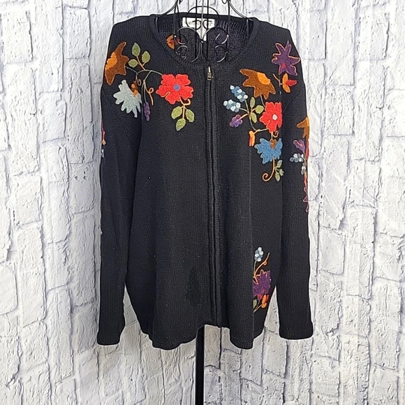 VINTAGE MARYLAND SQUARE Floral Embroidered Zip Up‎ Cardigan Sweater PL - Picture 1 of 12